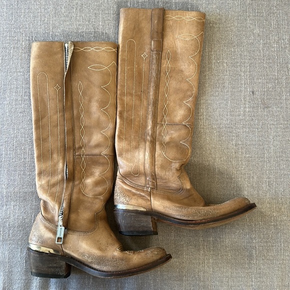 RARE Golden Goose Tan Distressed Side Zip Leather Western Riding Boots Size 36 - Picture 9 of 13